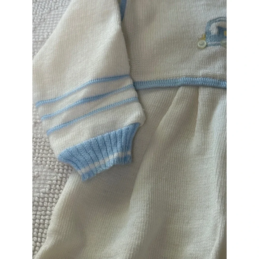 Carriage Boutiques Vintage Knit Train Footed Romper White Blue Boy One Piece